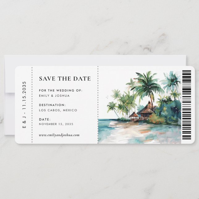 Boarding Pass Beach Tropical Watercolor Wedding Save The Date (Front)