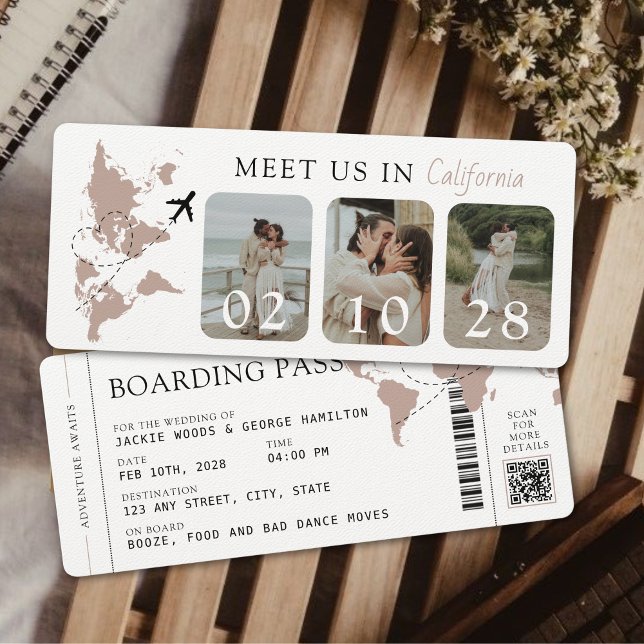 Boarding Pass Beige Neutral 3 Photos Wedding Invitation (Boarding Pass Unique Wedding Invitation with 3 Photos Meet us In Destination Passport Travel Beige)