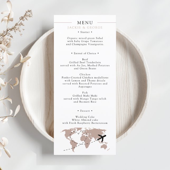 Boarding Pass Beige Neutral Destination Wedding Menu (World Map Travel Destination Wedding Menu Boarding Pass Passport Beige Neutral Minimalist)