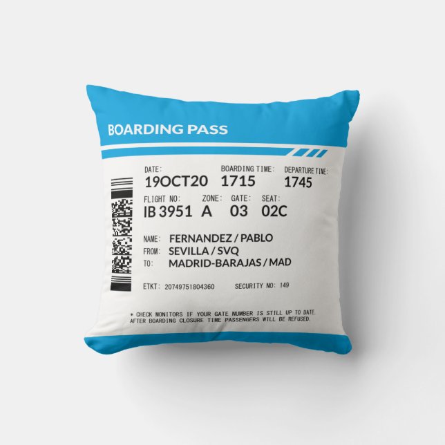Boarding Pass (blue) Cushion (Front)