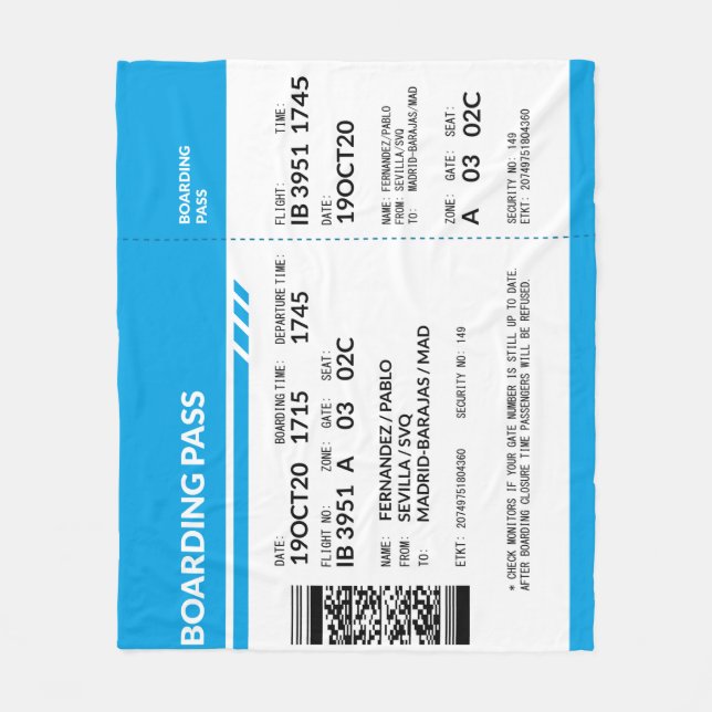 Boarding Pass (blue) Fleece Blanket (Front)