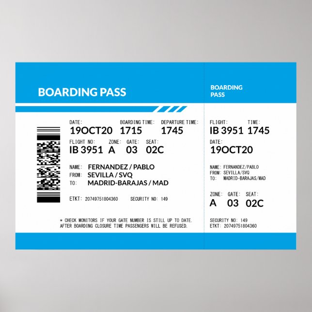 Boarding Pass (blue) Poster (Front)