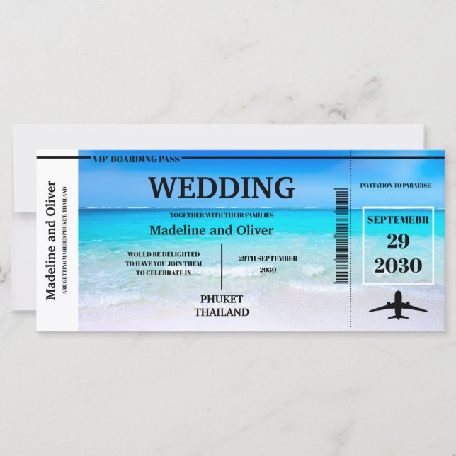 Boarding Pass Destination Tropical Beach  Wedding (Front)