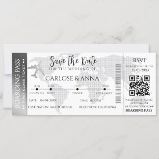 Boarding Pass Destination Wedding QR code grey Invitation