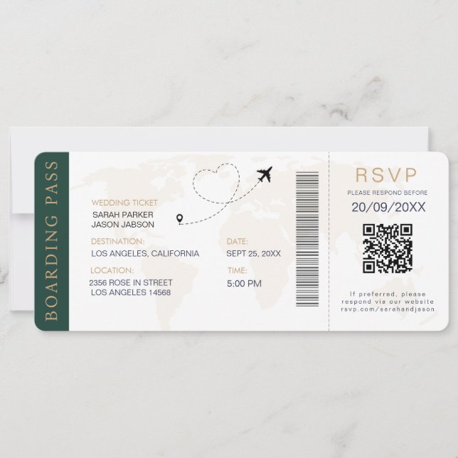 Boarding Pass Destination Wedding QR code Rsvp Invitation (Front)