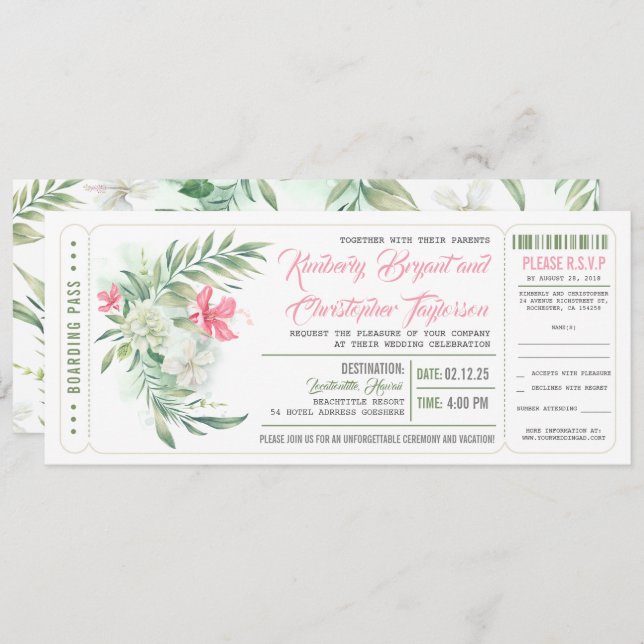 Boarding Pass | Floral Beach | Wedding Ticket Invitation (Front/Back)