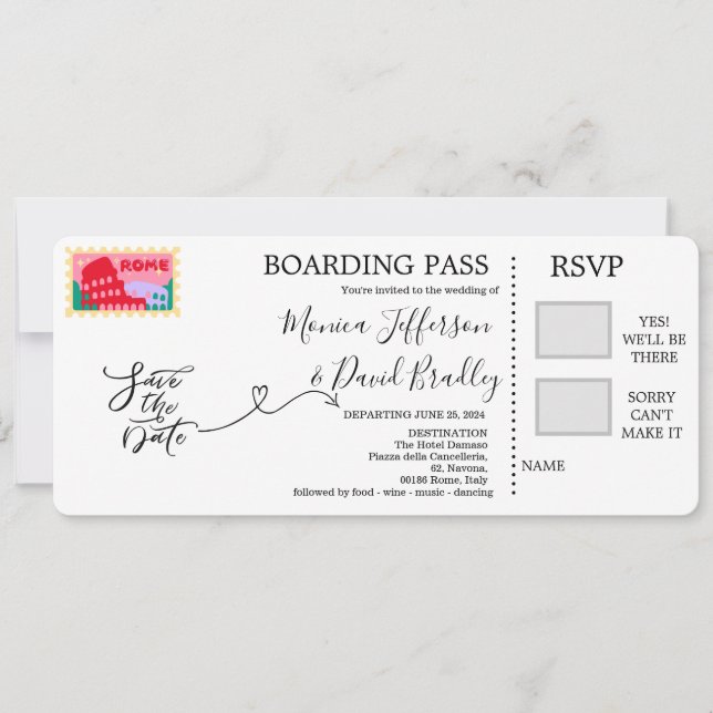 Boarding Pass for wedding in Rome, Italy Invitation (Front)