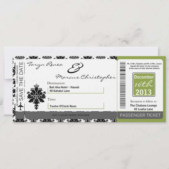 Boarding Pass Linen Wedding Invitation Black Green (Front)