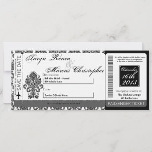 Boarding Pass Linen Wedding Invitation Damask Blac