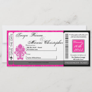Boarding Pass Linen Wedding Invitation Damask Pink