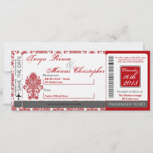 Boarding Pass Linen Wedding Invitation Damask Red