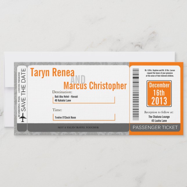 Boarding Pass Linen Wedding Invitation Modern Dama (Front)