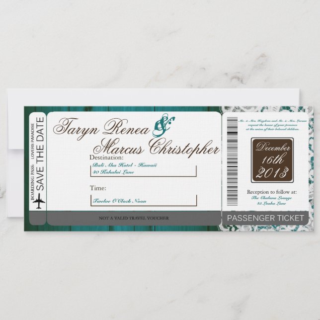 Boarding Pass Linen Wedding Invitation Teal Wood (Front)