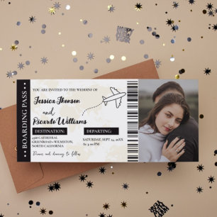 Boarding pass monogram wedding invitation ticket