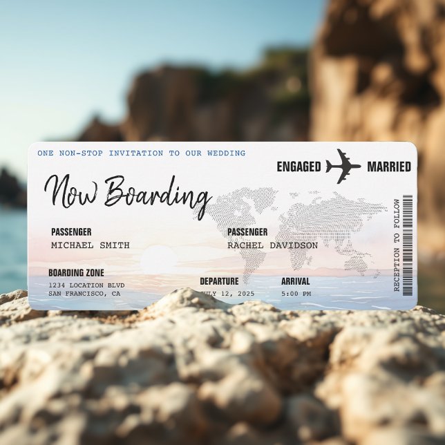 Boarding Pass Ocean Sunset Destination Wedding Invitation (Creator Uploaded)