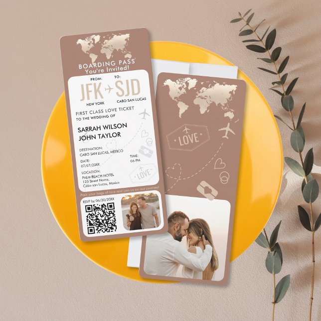 Boarding Pass Plane Ticket Destination Wedding Invitation (modern mocha mousse boarding pass wedding invitation)