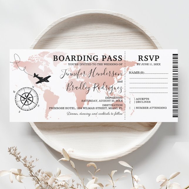 Boarding Pass Rose Gold Wedding World Map Invitati Invitation (Creator Uploaded)