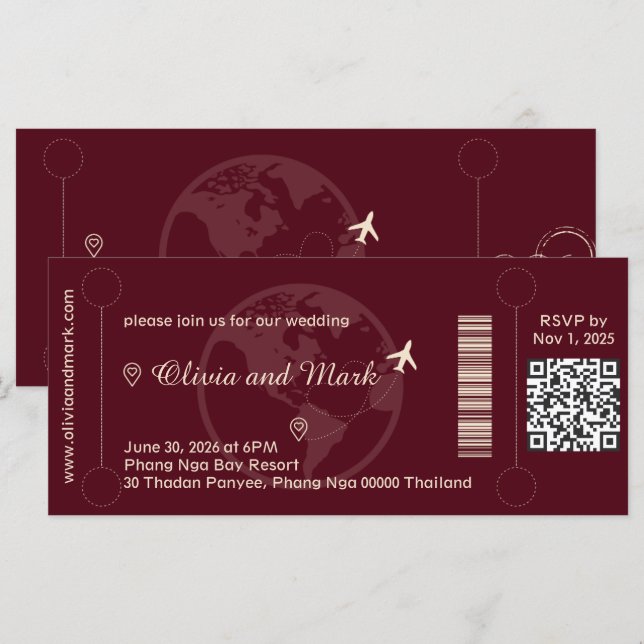 Boarding Pass RSVP Card – Burgundy & Champagne