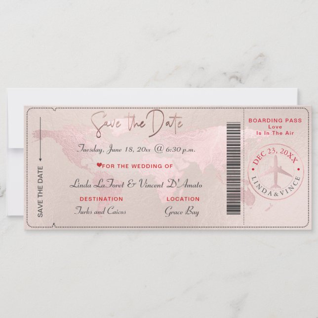 Boarding Pass Save the Date, Blush World Map Invitation (Front)