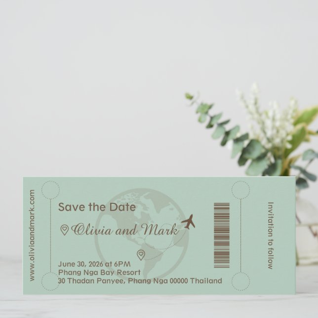 Boarding Pass Save the Date – Sage & Beige Invitation (Standing Front)