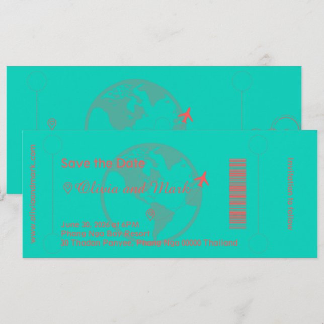 Boarding Pass Save the Date – Teal & Coral Invitation (Front/Back)