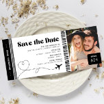 Boarding Pass Save the Date Ticket<br><div class="desc">Modern boarding pass wedding ticket featuring a simple white background that can be changed to any colour,  a photo of the engaged couple,  a plane with a heart loop trail,  and a personalised save the date template that is easy to personalise.</div>