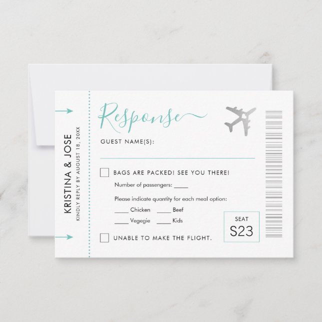 Boarding Pass Silver Plane Ticket Destination RSVP Card (Front)