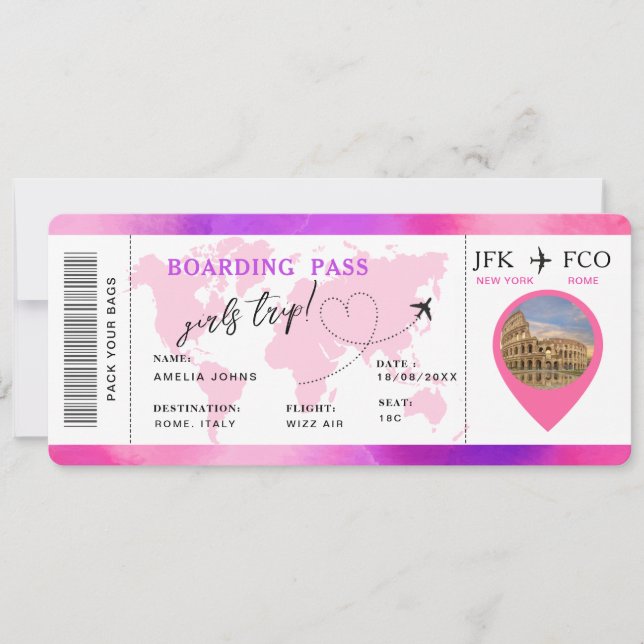 Boarding Pass Surprise Airline Ticket Girls Trip Invitation (Front)