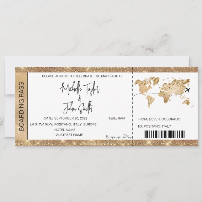 Boarding Pass Ticket Destination Wedding Gold Plan Invitation (Front)