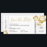 Boarding Pass Ticket Save the Date Gold Hibiscus Announcement<br><div class="desc">Boarding Pass Save the Date Invitation Announcement with gold hibiscus tropical flowers. All text and background colours are editable so you can modify our unique boarding pass ticket template which was designed with a Hawaii destination wedding or tropical travel theme wedding or vow renewal in mind. Visit the Custom Paper...</div>
