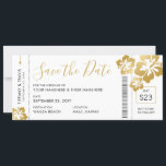 Boarding Pass Ticket Save the Date Gold Hibiscus Announcement<br><div class="desc">Boarding Pass Save the Date Invitation Announcement with gold hibiscus tropical flowers. All text and background colours are editable so you can modify our unique boarding pass ticket template which was designed with a Hawaii destination wedding or tropical travel theme wedding or vow renewal in mind. Visit the Custom Paper...</div>