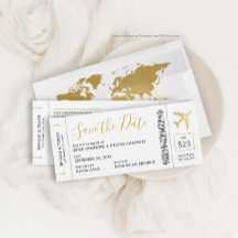 Boarding Pass Ticket Save the Date Gold Plane Card
