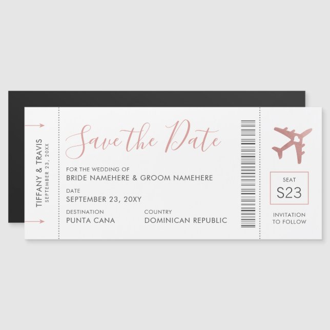 Boarding Pass Ticket Save the Date Magnet Pink (Front/Back)