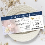Boarding Pass Tickets | Navy Save the Date Photo Invitation<br><div class="desc">Elegant navy blue & gold save the date boarding pass invitation featuring a photo of the happy couple,  a gold foil compass and plane,  and a text template that is easy to personalise.</div>