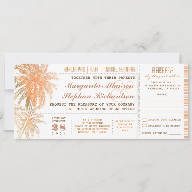 boarding pass tickets wedding invites with RSVP (Front)