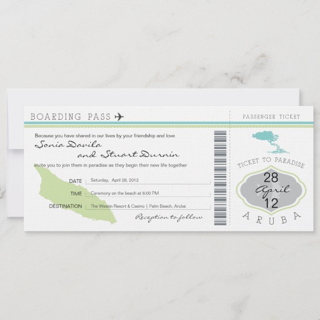 Boarding Pass to Aruba Wedding Invitation (Front)