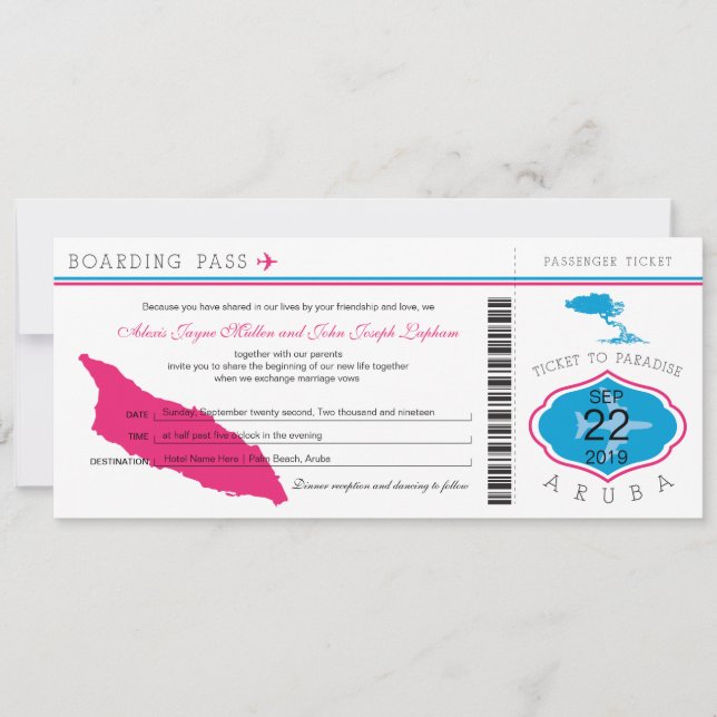 Boarding Pass to Aruba Wedding Invitation (Front)