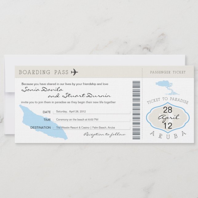 Boarding Pass to Aruba Wedding Invitation (Front)