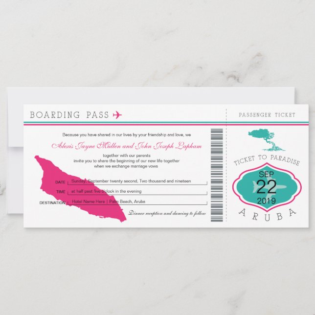 Boarding Pass to Aruba Wedding Invitation (Front)