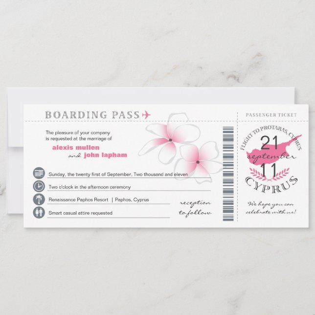 Boarding Pass to Cyprus Wedding Invitation (Front)