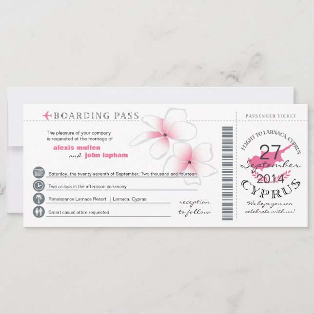 Boarding Pass to Cyprus Wedding Invitation (Front)