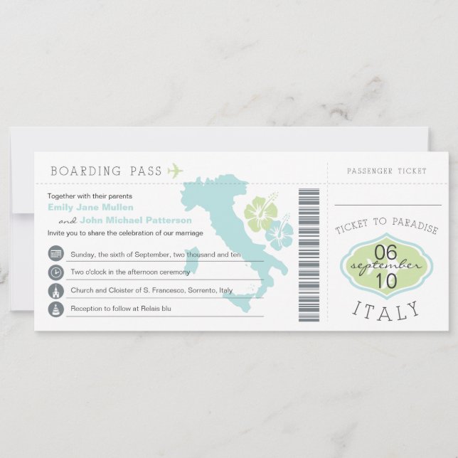 Boarding Pass to Italy Wedding Invitation (Front)