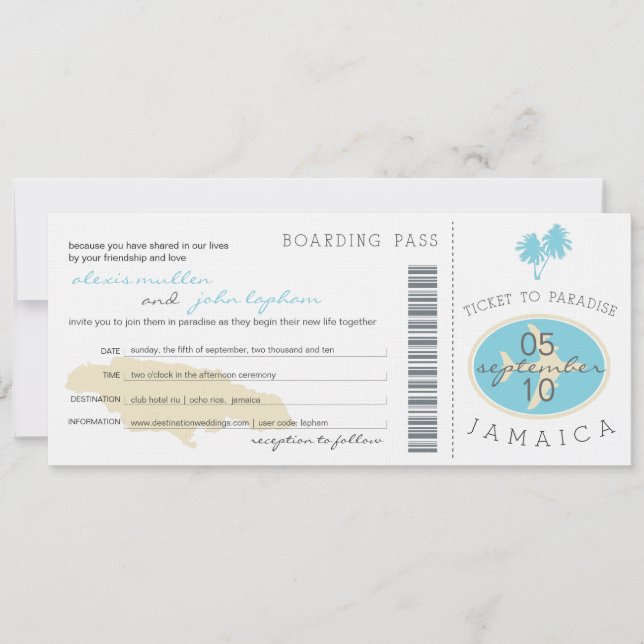 Boarding Pass to Jamaica Wedding Invitation (Front)