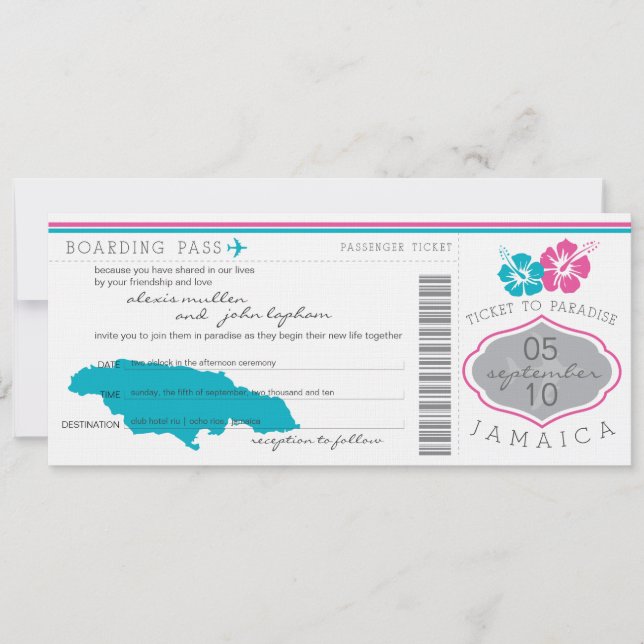 Boarding Pass to Jamaica Wedding Invitation (Front)