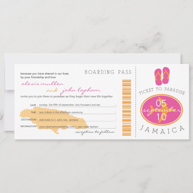 Boarding Pass to Jamaica Wedding Invitation (Front)