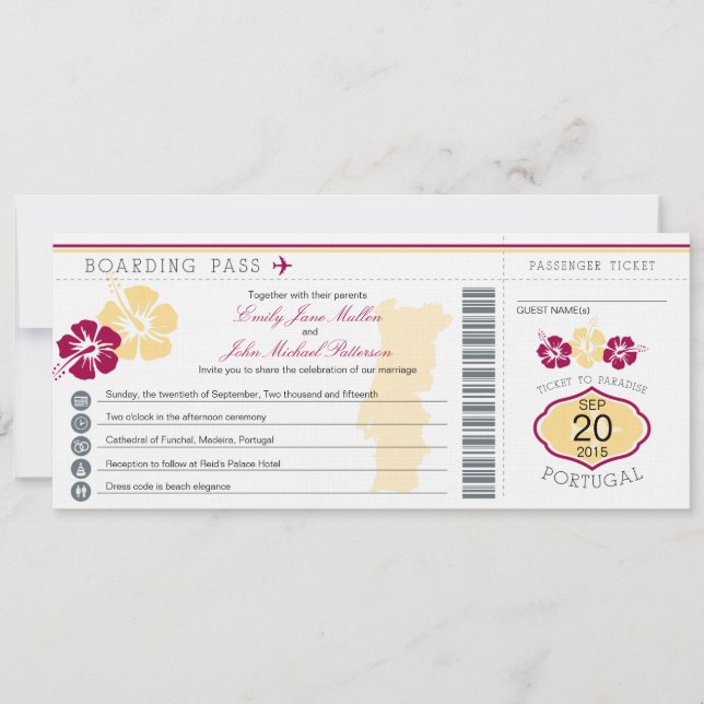 Boarding Pass to Portugal Wedding Invitation (Front)