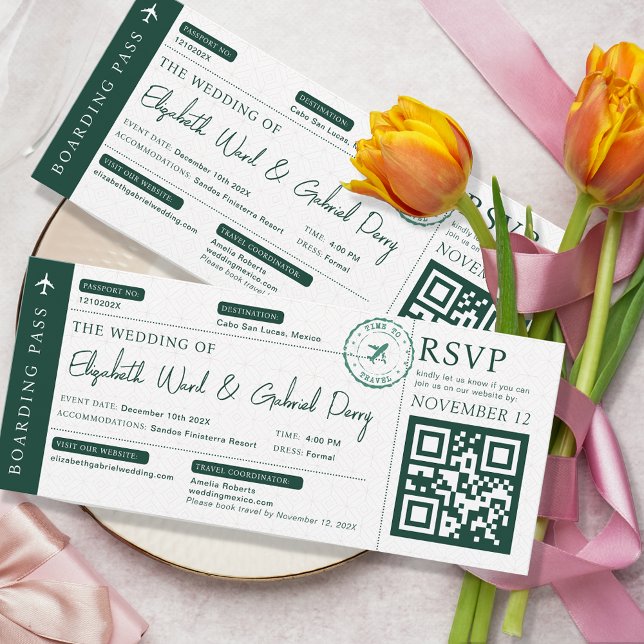 Boarding Pass Travel Emerald Green Wedding Invitation (Creator Uploaded)
