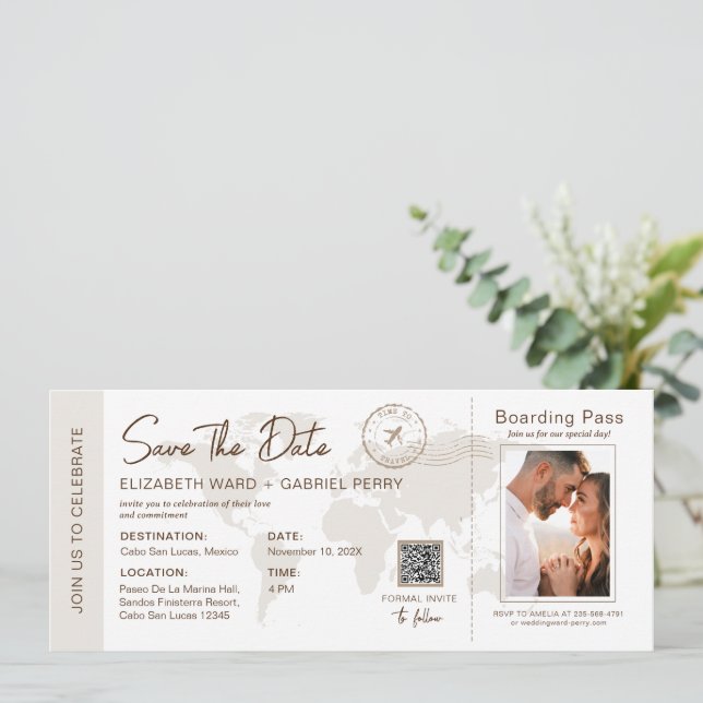 Boarding Pass Travel Wedding Beige Invitation (Standing Front)