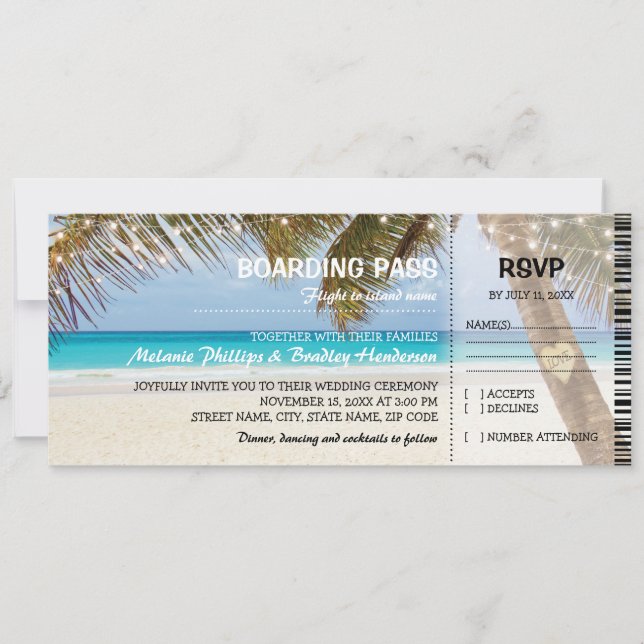 Boarding Pass Tropical Beach Wedding Invitation (Front)