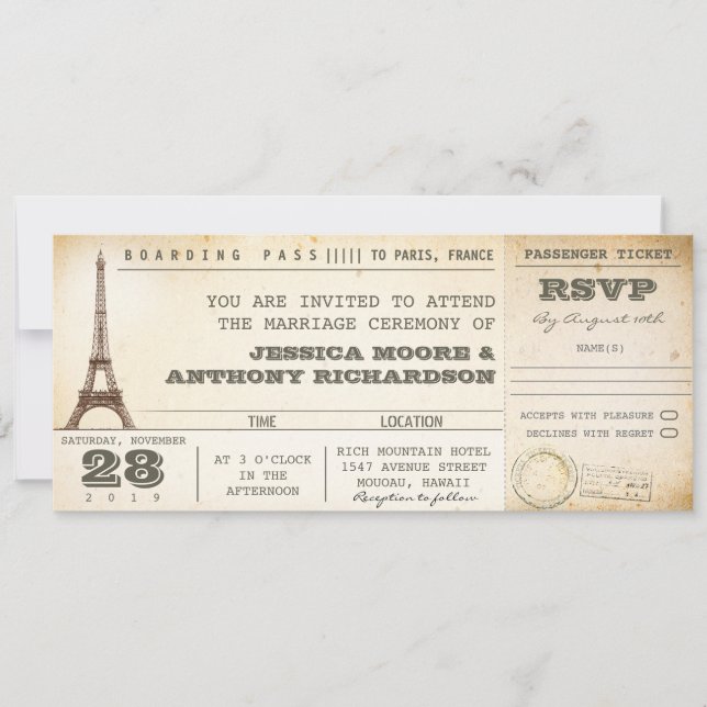 boarding pass wedding tickets- invitations PARIS (Front)